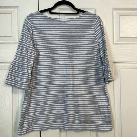 J. JILL Size Small Cotton Blue White Striped Bell Sleeve Top Boatneck Pullover - Picture 1 of 8